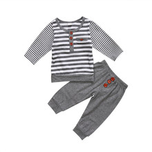 Conjunto de roupa de algodão para bebê recém-nascido, listrado, manga longa, com botão, camiseta e calças compridas 2024 - compre barato