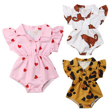 Monos estampados Vintage para bebé y niña, mono de manga voladora con cuello en V y botones, traje de sol con estampado de leopardo y corazón de 0 a 12 meses 2024 - compra barato