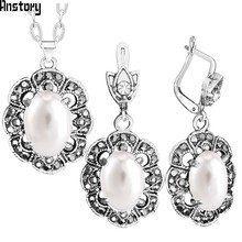 Plum Flower Pendant Rhinestone Oval Pearl Necklace Earrings Jewelry Set Antique Silver Plated Fashion Jewelry TS397 2024 - buy cheap