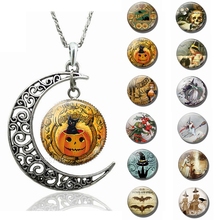 Nightmare Before Christmas Pumpkin Head Bat Witch Crescent Moon Necklace Glass Cabochon Jewelry Frightened Halloween Party Gifts 2024 - buy cheap