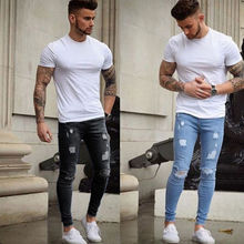 2019 Новое поступление, модные популярные мужские длинные прямые брюки, облегающие повседневные брюки из денима с дырками, узкие джинсы, клубная одежда 2024 - купить недорого
