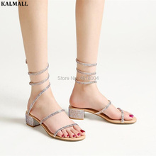 KALMALL-Sandalias de gladiador con cristales para mujer, zapatos de tacón bajo y grueso con diamantes de imitación, en forma de serpiente, para fiesta 2024 - compra barato