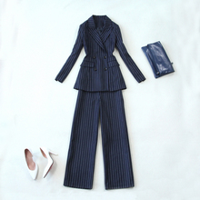 Two piece set top and pants2019 autumn and winter new double-breasted long paragraph stripe suit wide leg pants suit 2024 - buy cheap