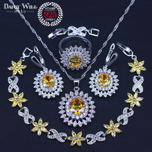 Conjuntos de joias cor prata natural, pedra de aniversário amarela, brincos, pingente, colar, anel, pulseiras t65 2024 - compre barato