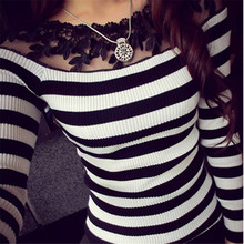 Sexy Women Sweater Long Sleeve Shirt 2020 Spring Striped Black Lace Crochet Off Shoulder Knit Slim Casual Sweater Plus Size 3XL 2024 - buy cheap