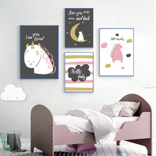 Cartoon Nordic Posters and Prints Cute Animal Unicorn Moon Quote Wall Art Canvas Painting Boy Girl Baby Kids Room Decor 2024 - buy cheap