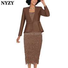 Nyzy m137f elegante marrom 2 peça mãe da noiva vestidos 2019 bainha vestido de casamento convidado festa jaqueta roupas ternos da igreja 2024 - compre barato