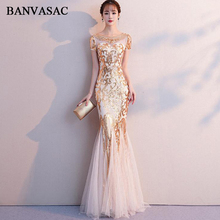 BANVASAC Illusion Crystal O Neck 2018 Mermaid Sequined Long Evening Dresses Party Short Cap Sleeve Backless Prom Gowns 2024 - buy cheap
