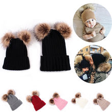 Baby Kids & Mom Winter Warm Large Fur Parent-Child Knit Hat Beanie Ski Cap Pom Pom Hat 2024 - buy cheap