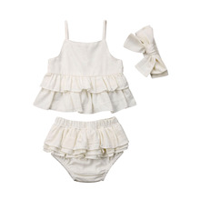 Kawgeett-conjunto de roupa infantil, de verão, para crianças, bebês, meninas, branco, com babado, tiara, short, casual, roupas 2024 - compre barato