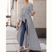 wsevypo Women Shirts Dress Striped Asymmetrical Hem Chiffon Tops High Street Long Sleeve V-Neck High Waits Waistband Shirts 2024 - buy cheap