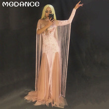 New Wome White Tassel Pink Long Sparkling Crystals dress Sexy Costume Nightclub Party Singer Dancer Performance Stage Wear 2024 - buy cheap