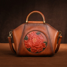 High Quality Genuine Leather Women Vintage Bag Handbag Peony Pattern Design Famous Brand Female Tote Shoulder Messenger Bags 2024 - buy cheap