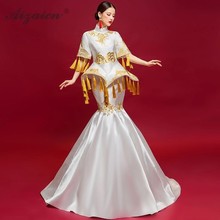 Modern Stage Show Cheongsam Long Tassel Dresses Women Chinese Evening Gown Oriental Style Host Dress Qipao White Robe Orientale 2024 - buy cheap