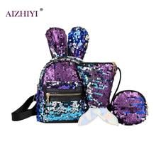 3pcs/set Shiny Sequin Rabbit Ear Backpack for Women Cute Girls Fashion School Shoulder Bag Portable Travel Rucksack Purse Bags 2024 - buy cheap