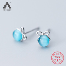 Delicado al por mayor Japón Corea estilo 925 plata esterlina moda lindo azul dulce ópalo cristal Bowknot pendientes con tuerca para mujeres joyería 2024 - compra barato