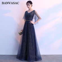 BANVASAC Elegant Pleat V Neck Crystal Sash A Line Long Evening Dresses Tulle Half Sleeve Backless Party Prom Gowns 2024 - buy cheap