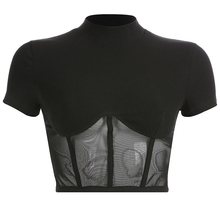 Camiseta feminina casual gótica preta, peça feminina social com gola alta, moda goth 2024 - compre barato