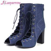 Lasyarrow-Sandalias de gladiador de charol para mujer, zapatos de tacón alto con cordones, botas de verano, color negro 2024 - compra barato