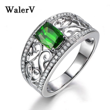 Walerv anel esterlina para anéis femininos moda popular retangular cristal verde oco flor zircão charme jóias 2024 - compre barato