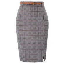 Kate Kasin Women's Gingham Skirts Office Lady Business Elegant Casual Grid Pattern Belt Decor Hips-wrapped Bodycon Pencil Skirt 2024 - купить недорого