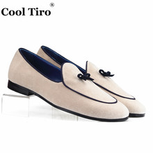 Cool Tiro Belgian Loafers Men's Smoking Slippers Moccasins Beige Velvet Dress Shoes With Bow Genuine Leather Casual Shoes Flats 2024 - buy cheap