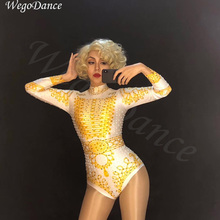 new sexy Gold Rhinestones Printed Long Sleeve Sexy Leotard Singer Dance Costume Stage Nightclub Women's Birthday Show Bodysuit 2024 - buy cheap