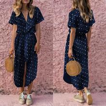 Women Polka Dot Print Dress Sexy V Neck Short Sleeve Button Irregular Dress Summer Casual Soild Vintage Bow Tie Long Dresses 2024 - buy cheap