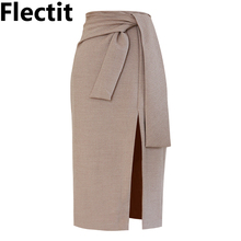 Flectit Tie Waist Wrap Skirt Women High Slit Pencil Midi Skirts Elegant Ladies Business Chic Outfit * 2024 - buy cheap