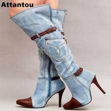 Moda azul denim jeans mulher sobre o joelho botas sexy fino salto alto apontou toe coxa botas de couro fivela designer bota 2024 - compre barato