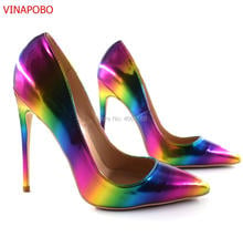 2019 New Arrivals Rainbow Gradient Color Printed Leather Pumps For Women Pointed Toe 12CM High Heel Dress Wedding Shoes Slip-on 2024 - buy cheap