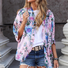 Женская рубашка кимоно Бохо кардиган винтажная блузка с цветочным принтом свободная шаль накидка вязаная богемная куртка два цвета 2024 - купить недорого