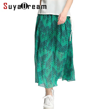 Women Skirt 100%Real Silk Printed Skirt for Women Dould layers A-Line Long Skirts Elastic Waist 2022 New Spring Green 2024 - buy cheap