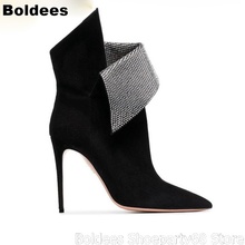 Fashion Black Suede Leather Poointed Toe  Bling Bling Rhinestones Women High Heels Ankle Boots Sexy Stiletto Women Party Shoes 2024 - buy cheap