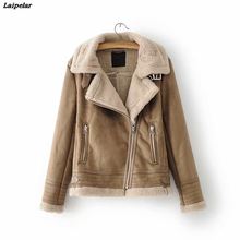 Women Long Sleeve Faux Leather Jacket Casual  Faux Lamb Fur Inside Warm Outerwear Winter Zippers Turn-Down Collar Short Coat 2024 - buy cheap