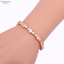 ROLILASON Golden Bracelets for Wedding Pink Crystal Excellent Gold Tone Zircon Charm Bracelets Fashion jewelry TBS988 2024 - buy cheap