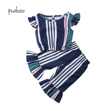 Pudcoco/Новинка; брендовая футболка в полоску для маленьких девочек; топы для вечеринок; длинные штаны; комплект одежды из 2 предметов 2024 - купить недорого