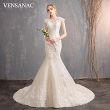 VENSANAC Illusion O Neck Lace Appliques Mermaid Wedding Dresses Short Cap Sleeve Sweep Train Backless Bridal Gowns 2024 - buy cheap