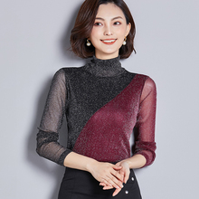Women High Collar Bottoming Shirt 2019 Spring New Bright Silk Mesh T-shirt Slim Thin Long Sleeve Fashion Tshirt Female HJ216 2024 - buy cheap