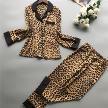 Conjuntos de pijamas femininos de verão, pijamas com calças de seda, roupa caseira cetim estampa de leopardo, pijama de manga comprida, roupas de dormir finas, 2019 2024 - compre barato