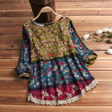 2021 ZANZEA Women Vintage Floral Printed Blouse Spring Long Sleeve Lace Patchwork Shirt Casual Cotton Linen Top Tunic  Blusa 2024 - buy cheap