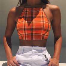 Ropa de relajación para mujer, tops sin mangas con cuello colgante, Chaleco corto a cuadros naranja con hombros descubiertos, novedad de 2018 2024 - compra barato