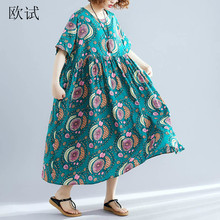 Oversized Cotton Linen Casual Floral Dress Women Long Print Dresses 2022 Summer Midi Vintage Retro Dress Jurken Robe 2024 - buy cheap