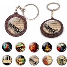 Vintage Instrument Violin Piano Guitar Music Wooden Keychain Glass Cabochon Jewelry Women Men Pendant Key Chain Birthday Gifts 2024 - buy cheap
