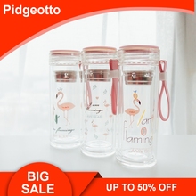 Креативные южнокорейские Мультяшные Фламинго двойные стеклянные милые портативные бутылки для воды для девочек цветная печать с крышкой Бесплатная доставка 2024 - купить недорого