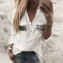 Blusa de manga larga con botones para mujer, camisa informal de corte bajo con lentejuelas, color blanco, 2019 2024 - compra barato