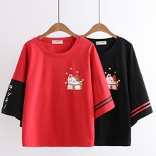Camiseta de chica Mori para mujer, remera Harajuku japonesa con estampado de gato de La Fortuna, camisetas negras y rojas para mujer, camisetas Kawaii para adolescentes 2024 - compra barato