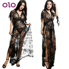 OLO Black Lace Robe+T-Thongs Sexy lingerie Deep V-Neck Long Dress Sleepwear Side Slit Erotic Lingerie Exotic Apparel 2024 - buy cheap