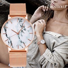 Relógio de pulso vansvar, relógio de pulso feminino casual de ouro rosê com pulseira de malha marmorizada 2024 - compre barato
