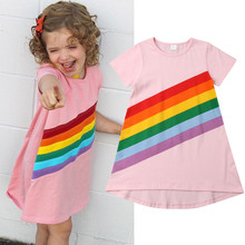 От 1 до 6 лет платье для маленьких девочек летнее хлопковое платье принцессы в радужную полоску с короткими рукавами Повседневная одежда для малышей 2024 - купить недорого